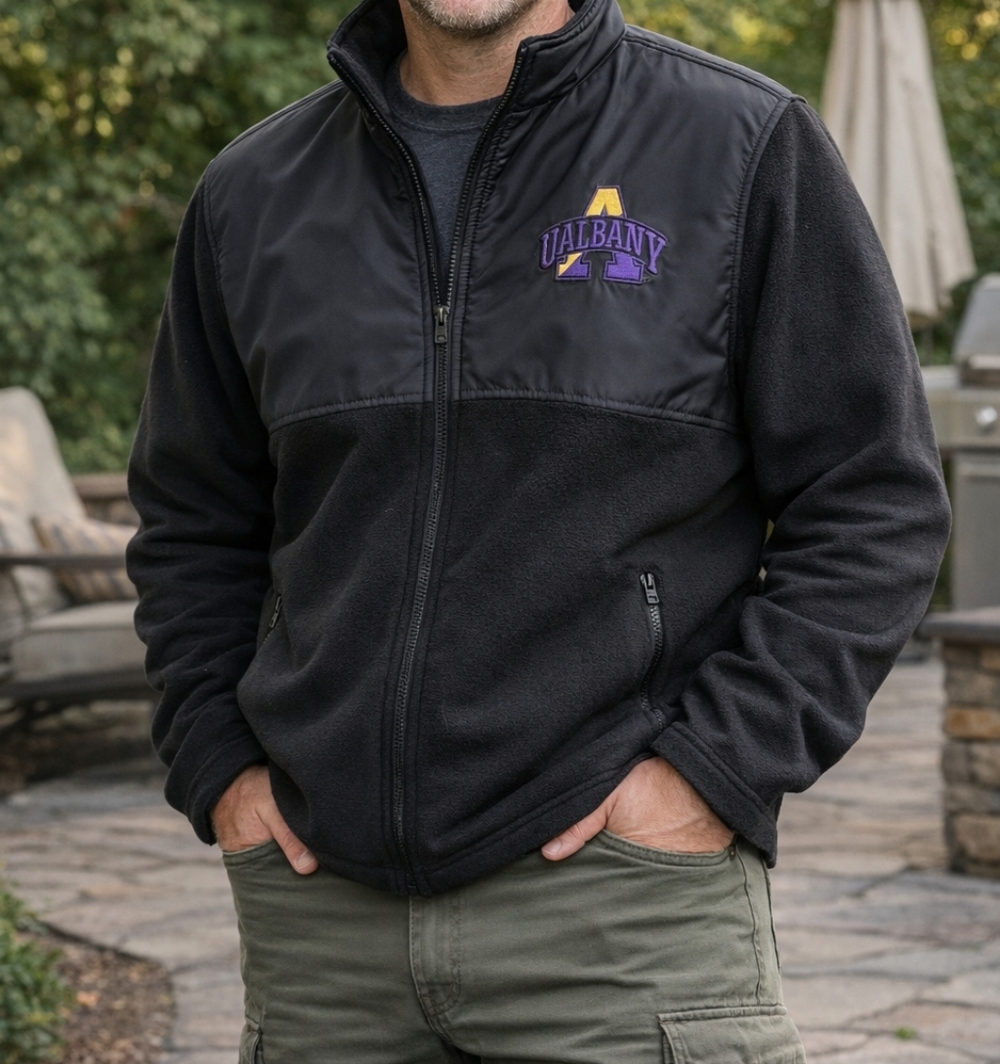 University Albany GearSports Black zip up fleece Jacket PurpleGold Accents Large